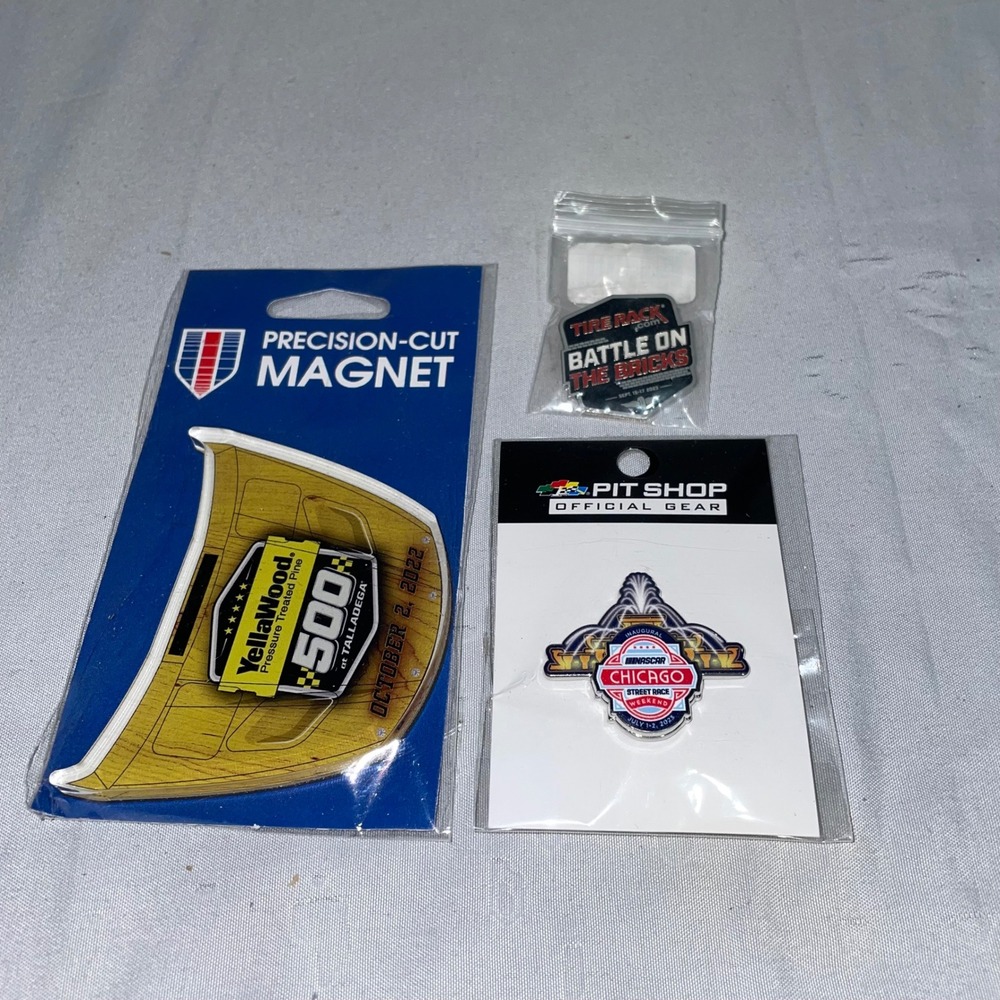 NASCAR Souvenir Lot Talladega YellaWood 500 Magnet Chicago Street Race Pins 3pc